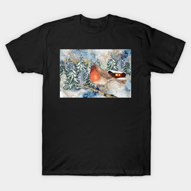 robin in the snow winter wonderland T-Shirt by sharanarnoldart